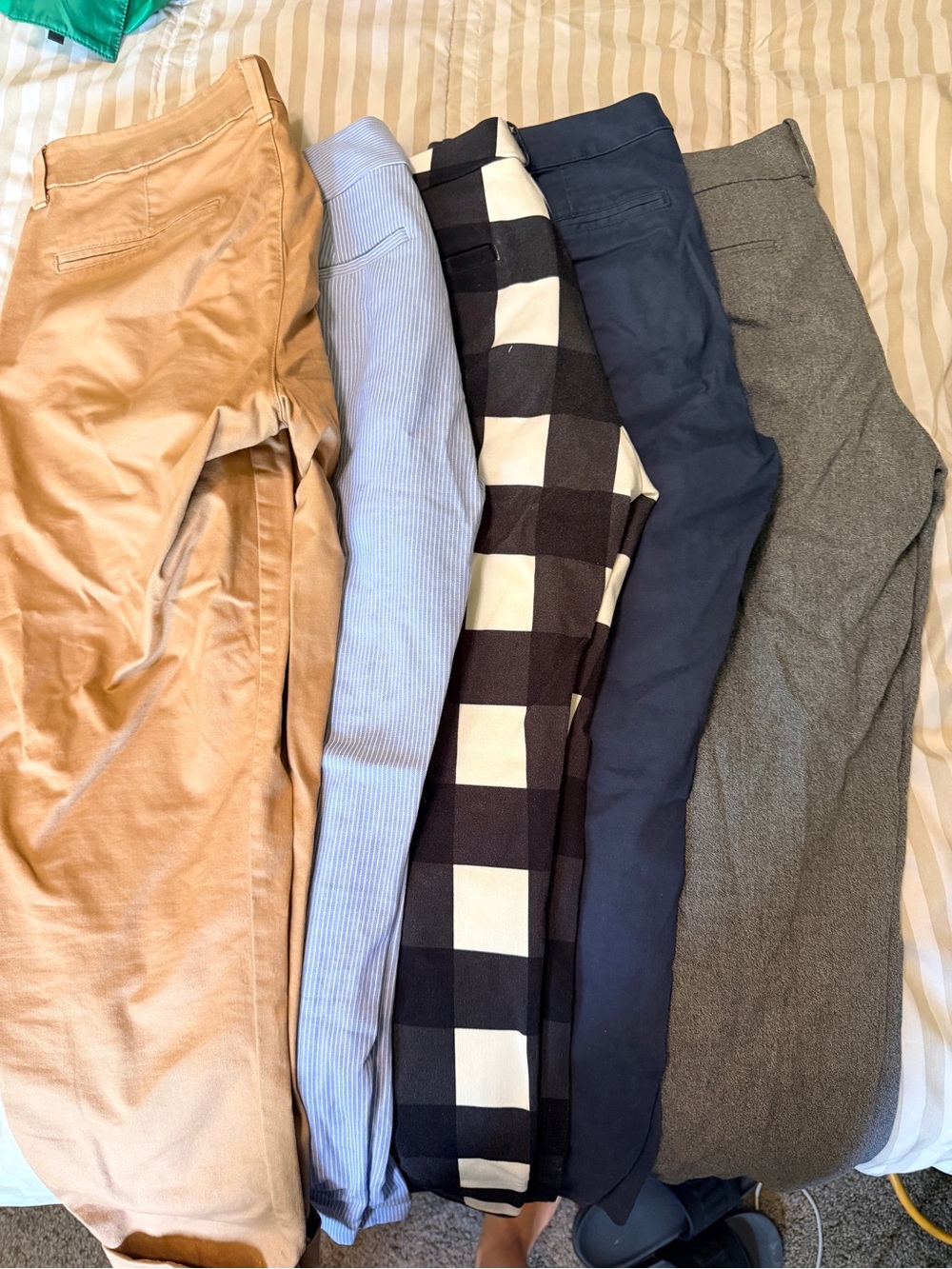Dress pants - Women - Tan, light blue stripe, black and white, navy, grey